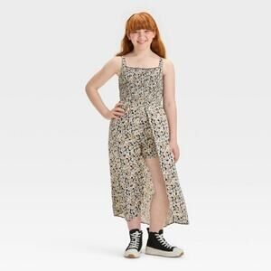Art Class Girls S 6/7 Walkthrough Dress Smocked Brown Floral Sleeveless Midi NEW